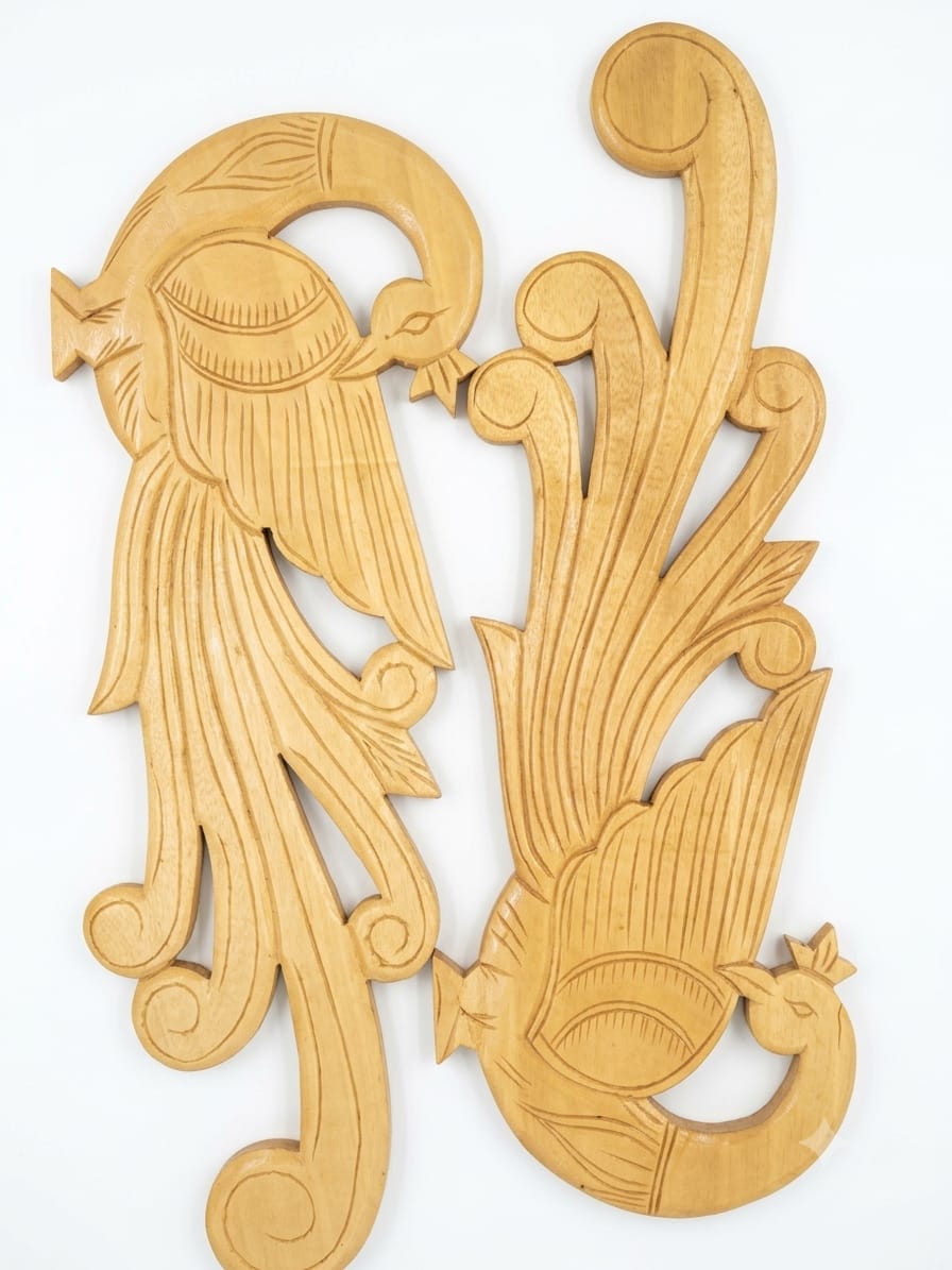 Handcrafted Wooden Peacock Wall Panel Pair | Chorra Wood Dancing Peacock Wall Art Carvings set of 2 for Living Room & Entrance Decor