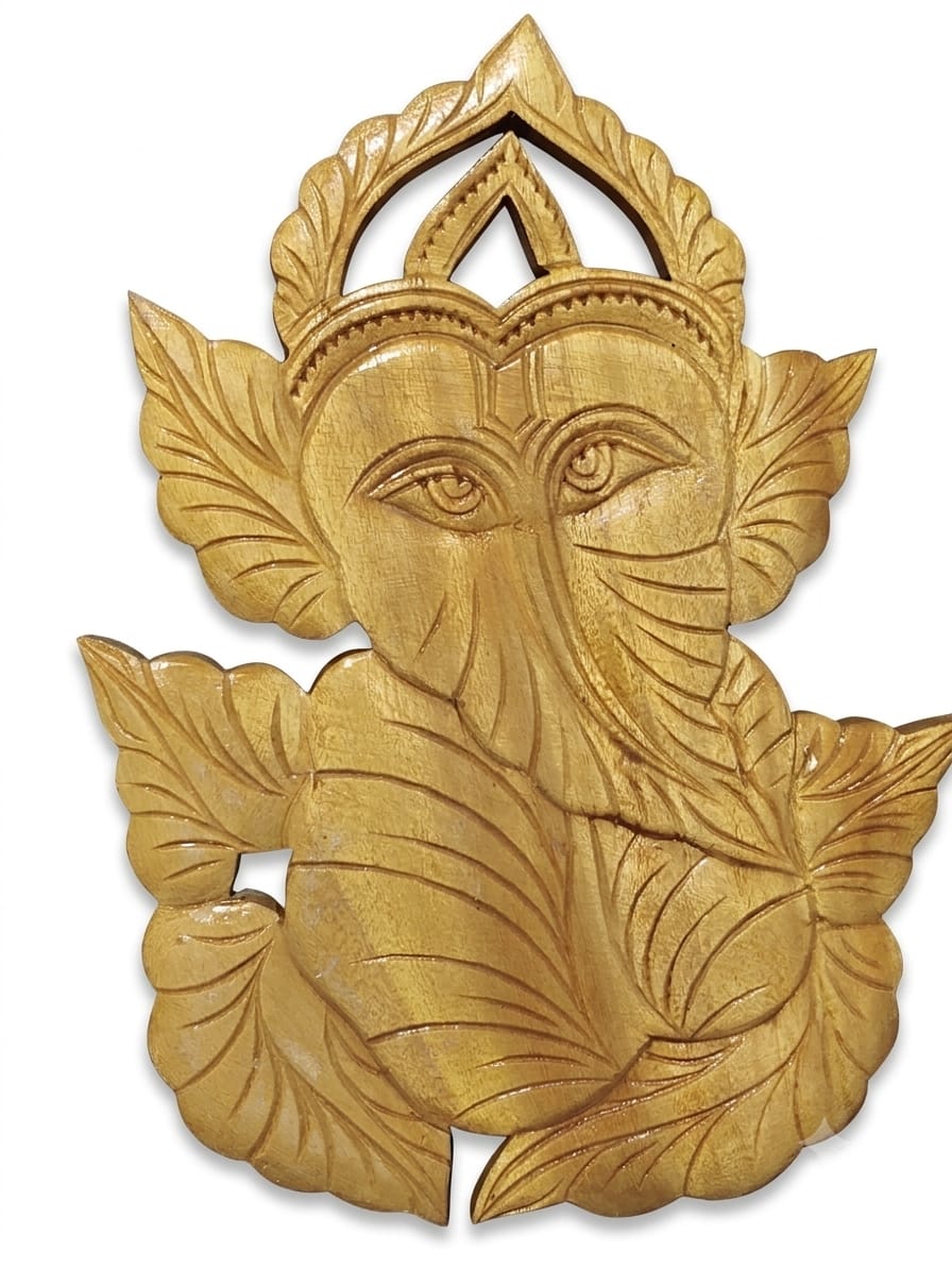 Handcrafted Wooden Leaf Ganesha Wall Hanging | Chorra Wood Lord Ganesha Face Wall Art Plaque for Home Temple & Entrance Decor