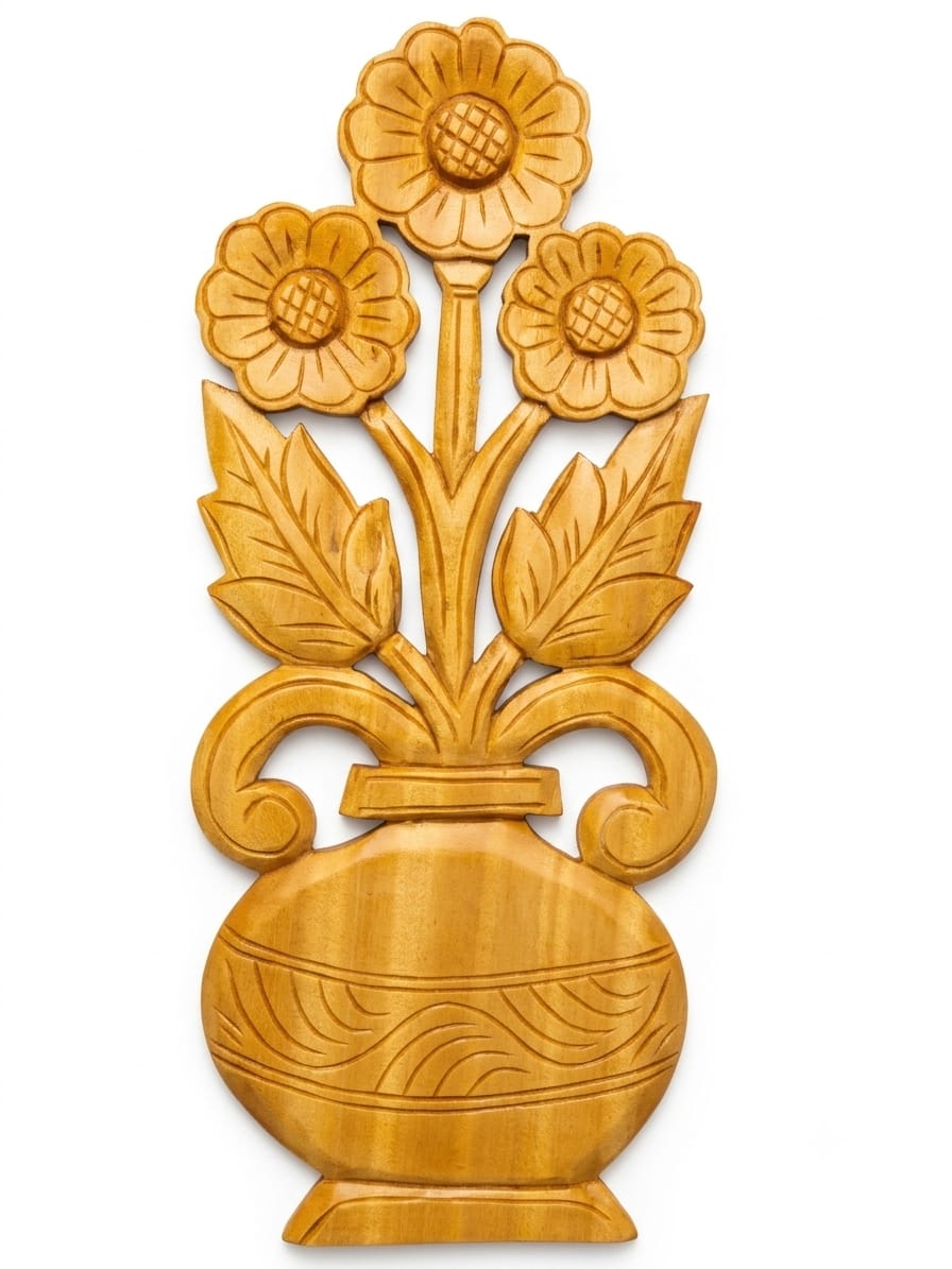 Handcrafted Wooden Flower Vase Wall Hanging | Chorra Wood Sunflower Bouquet Wall Art Plaque for Living Room & Home Decor