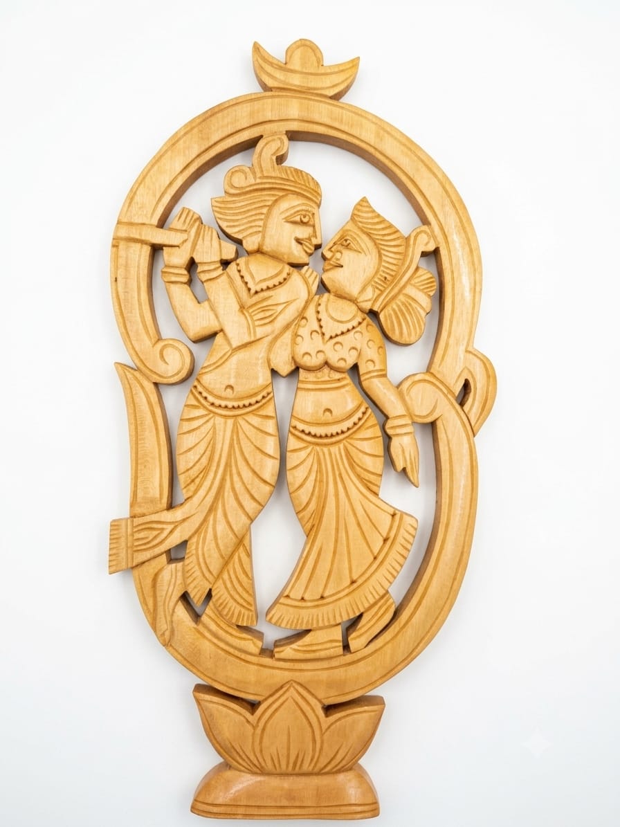 Handcrafted Wooden Radha Krishna Statue | Chorra Wood Flute Playing Divine Couple Frame for Home Temple & Living Room Decor