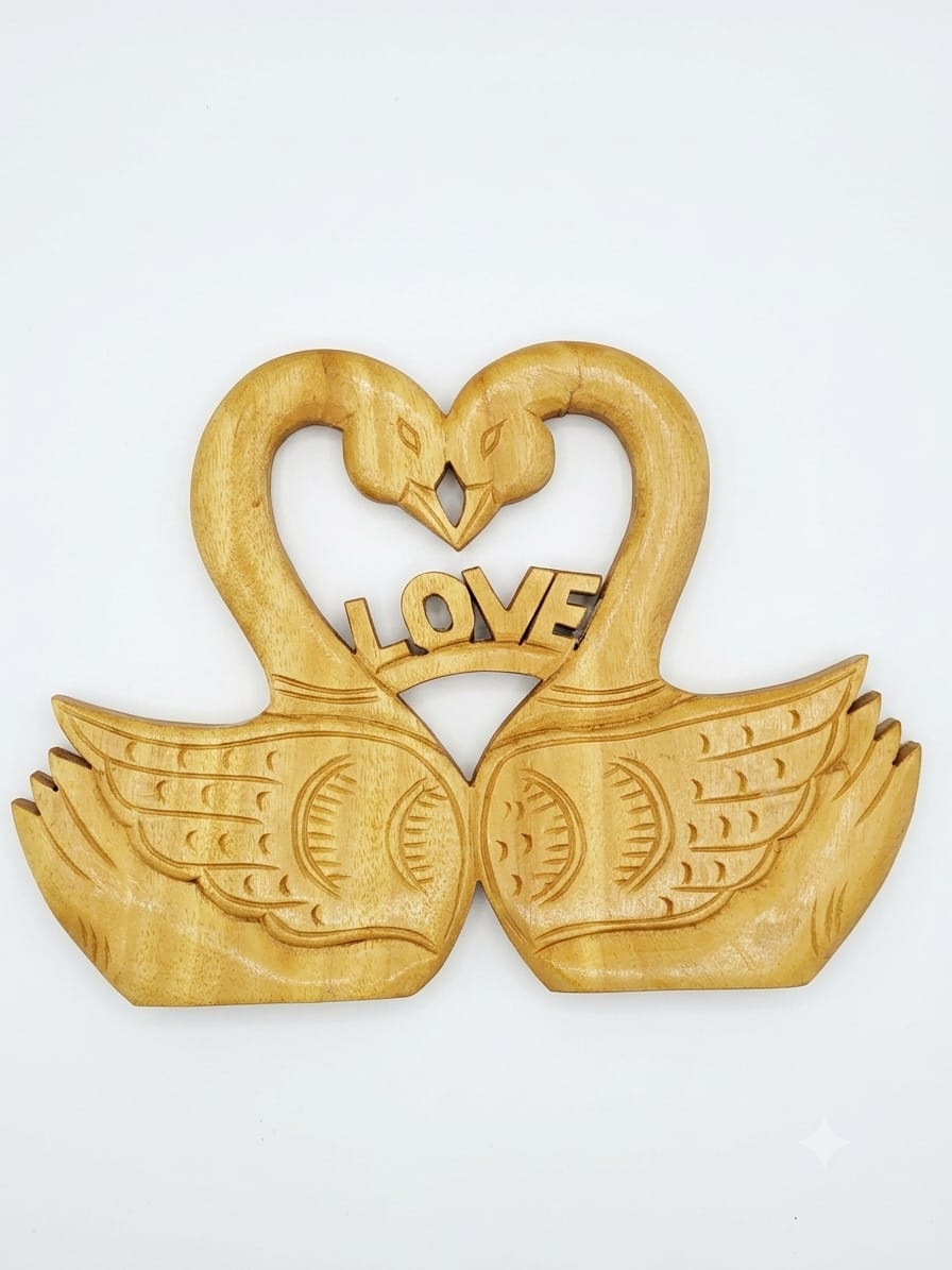 Handcrafted Wooden Love Swans Wall Hanging | Chorra Wood Kissing Swan Pair Sculpture with 'LOVE' Text for Bedroom & Home Decor