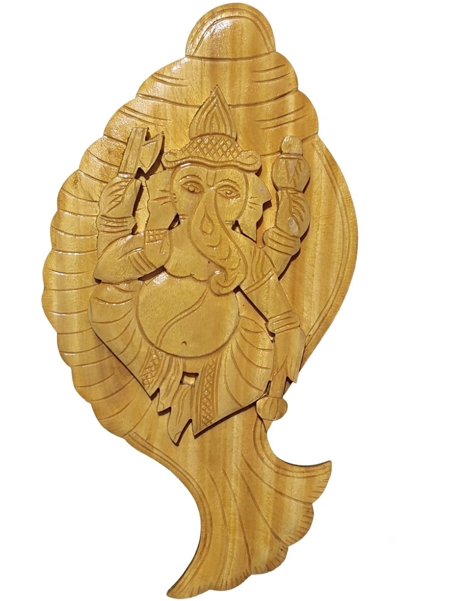 Handcrafted Wooden Shankh Ganesha Wall Hanging | Chorra Wood Lord Ganesha in Conch Shell Wall Art for Home Temple & Living Room Decor