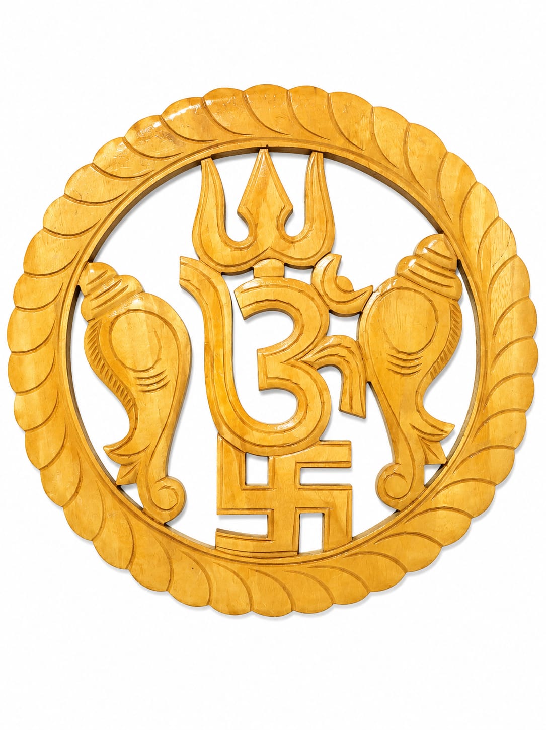 Handcrafted Wooden Om Trishul & Shankh Wall Hanging | Traditional Hindu Spiritual Décor