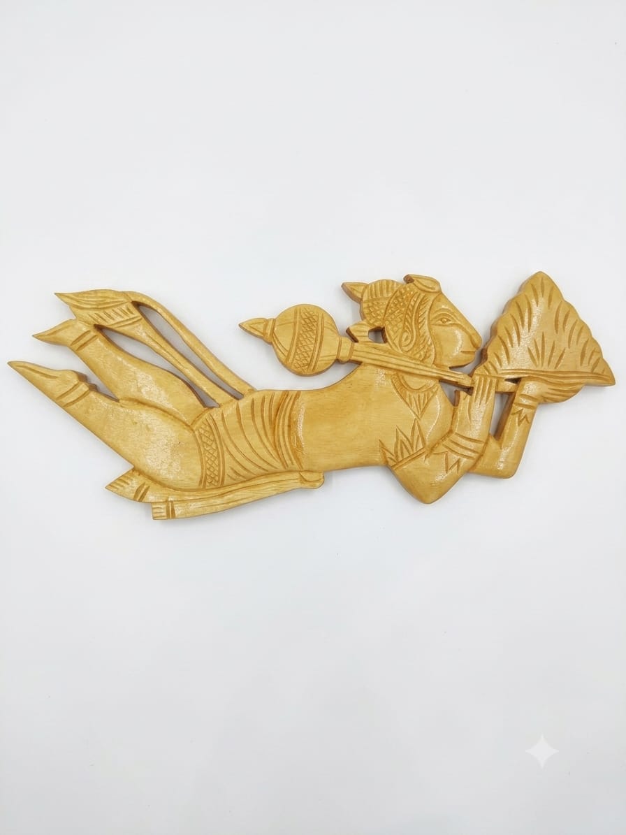 Handcrafted Wooden Flying Hanuman Ji Wall Hanging | Chorra Wood Sanjeevani Booti & Gada Flying Bajrangbali Wall Art for Home Temple & Living Room Decor