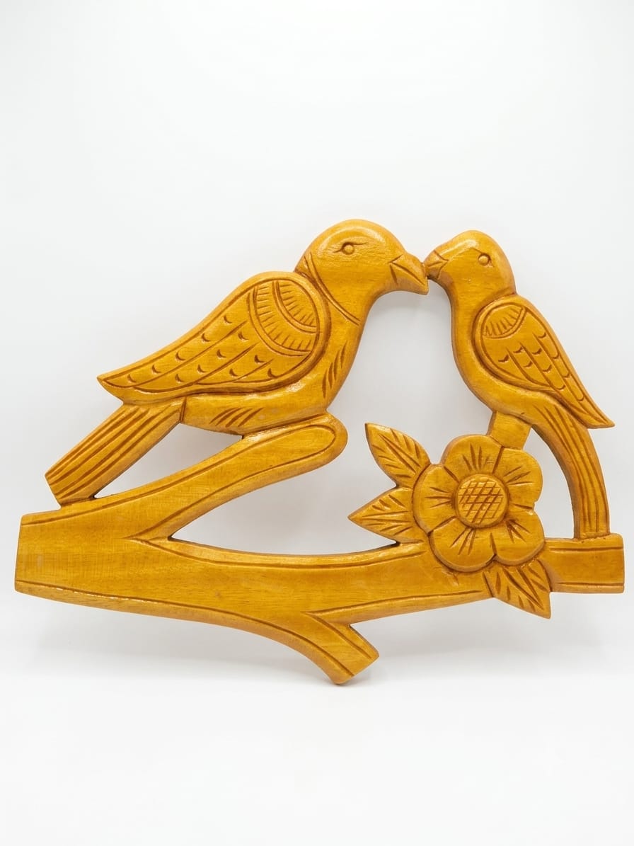 Handcrafted Wooden Love Birds Wall Hanging | Chorra Wood Kissing Birds on Tree Branch Wall Art Panel for Living Room & Bedroom Decor