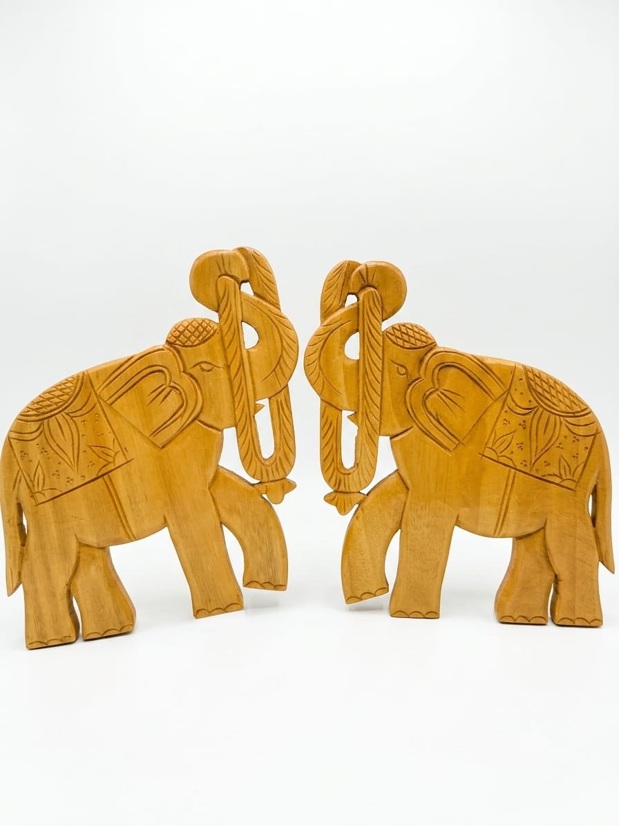 Handcrafted Wooden Elephant Pair Wall Hanging | Chorra Wood Royal Trunk-Up Elephants Decor Set of 2 for Entrance & Living Room